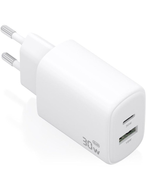 Cargador de Pared GaN Aisens A110-0977/ 1xUSB Tipo-C/ 1xUSB/ 30W/ Blanco