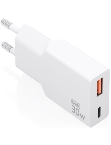 Cargador de Pared GaN Aisens A110-1002/ 1xUSB Tipo-C/ 1xUSB/ 30W/ Blanco