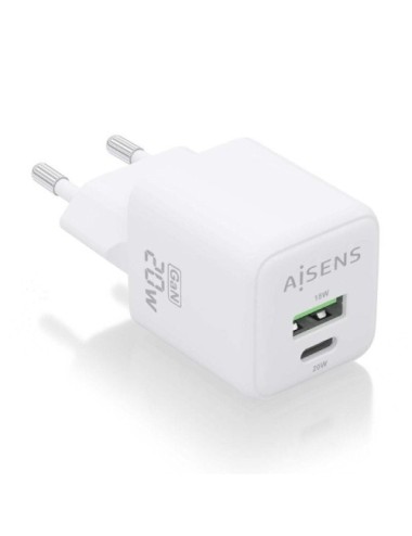 Cargador de Pared GaN Aisens ASCH-20W2P010-W/ 1xUSB Tipo-C/ 1xUSB/ 20W