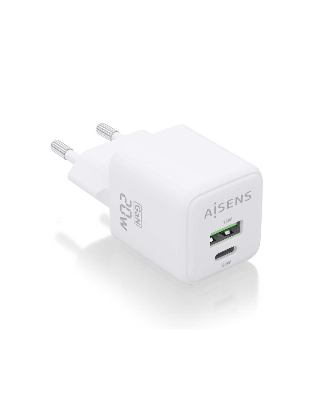 Cargador de Pared GaN Aisens ASCH-20W2P010-W/ 1xUSB Tipo-C/ 1xUSB/ 20W