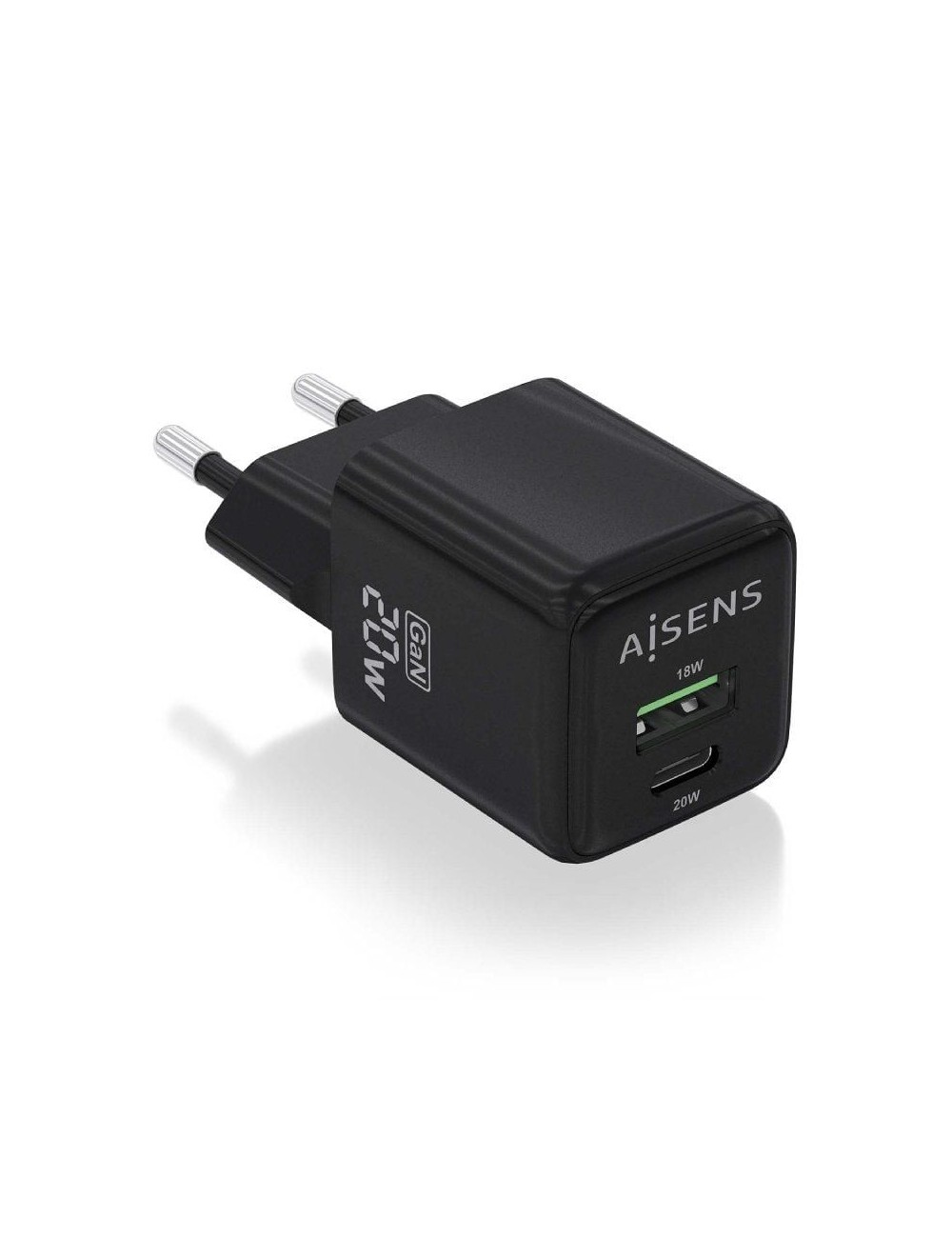 Cargador de Pared GaN Aisens ASCH-20W2P011-BK/ 1xUSB Tipo-C/ 1xUSB/ 20W