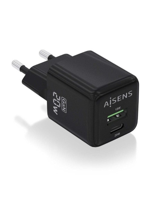 Cargador de Pared GaN Aisens ASCH-20W2P011-BK/ 1xUSB Tipo-C/ 1xUSB/ 20W