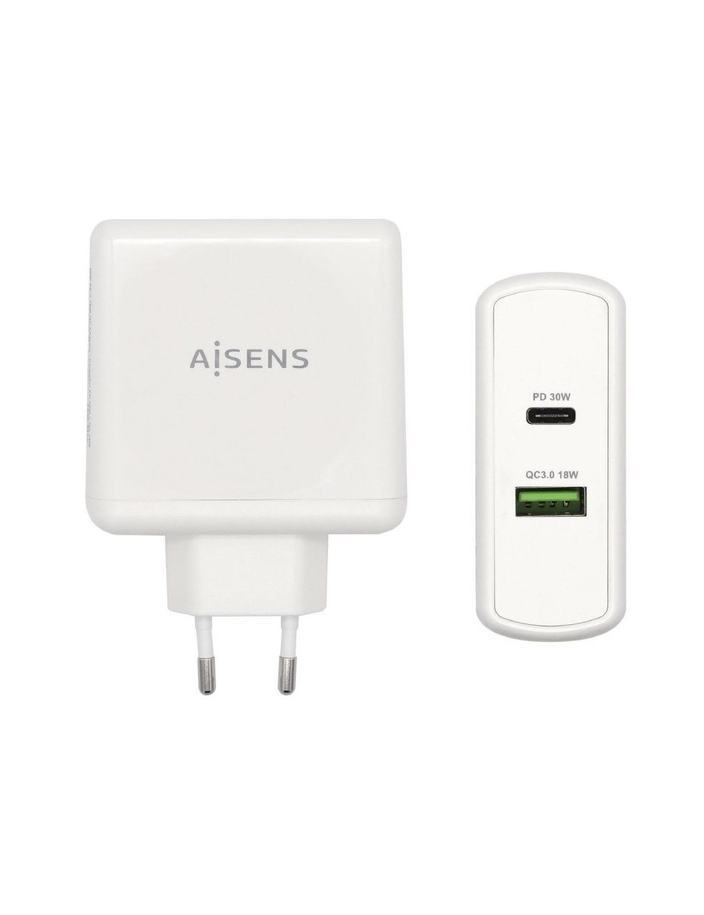 Cargador de Pared Aisens ASCH-2PD30QC-W/ 1xUSB Tipo-C/ 1x USB/ 48W