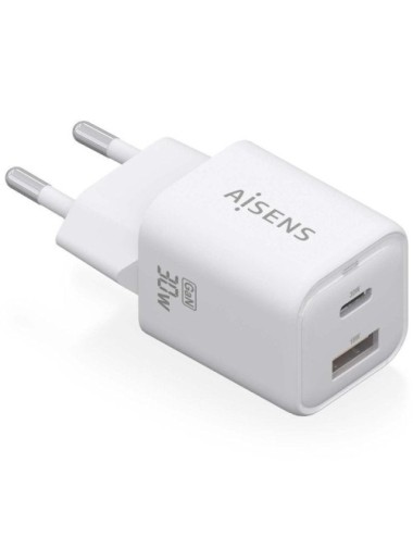 Cargador de Pared GaN Aisens ASCH-30W2P020-W/ 1xUSB Tipo-C/ 1xUSB/ 30W