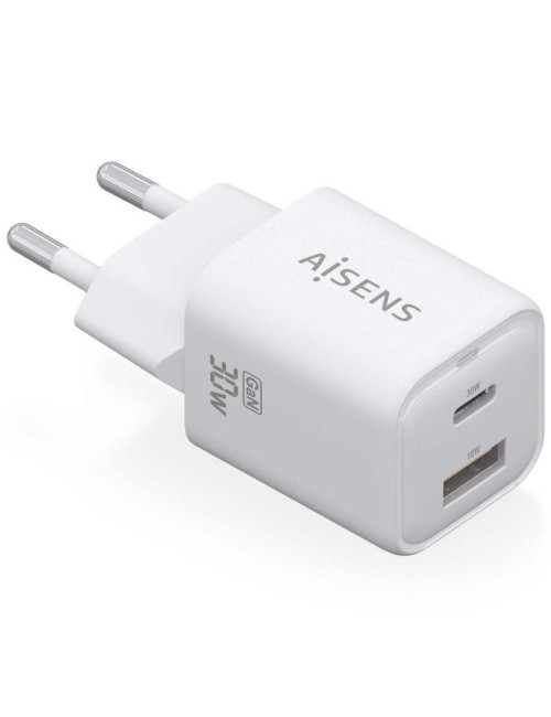 Cargador de Pared GaN Aisens ASCH-30W2P020-W/ 1xUSB Tipo-C/ 1xUSB/ 30W