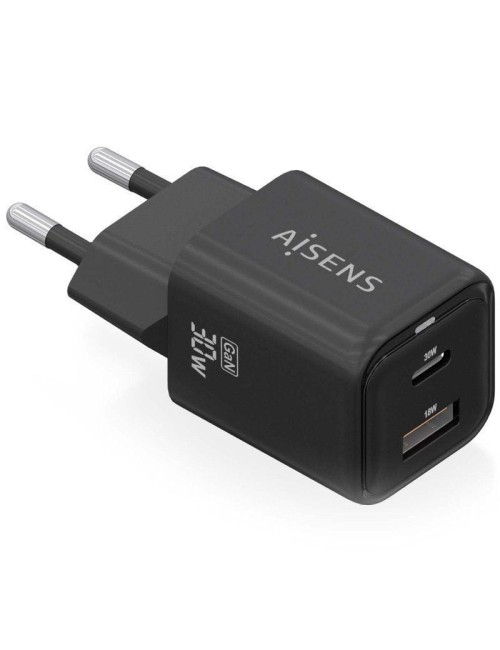 Cargador de Pared GaN Aisens ASCH-30W2P021-BK/ 1xUSB Tipo-C/ 1xUSB/ 30W