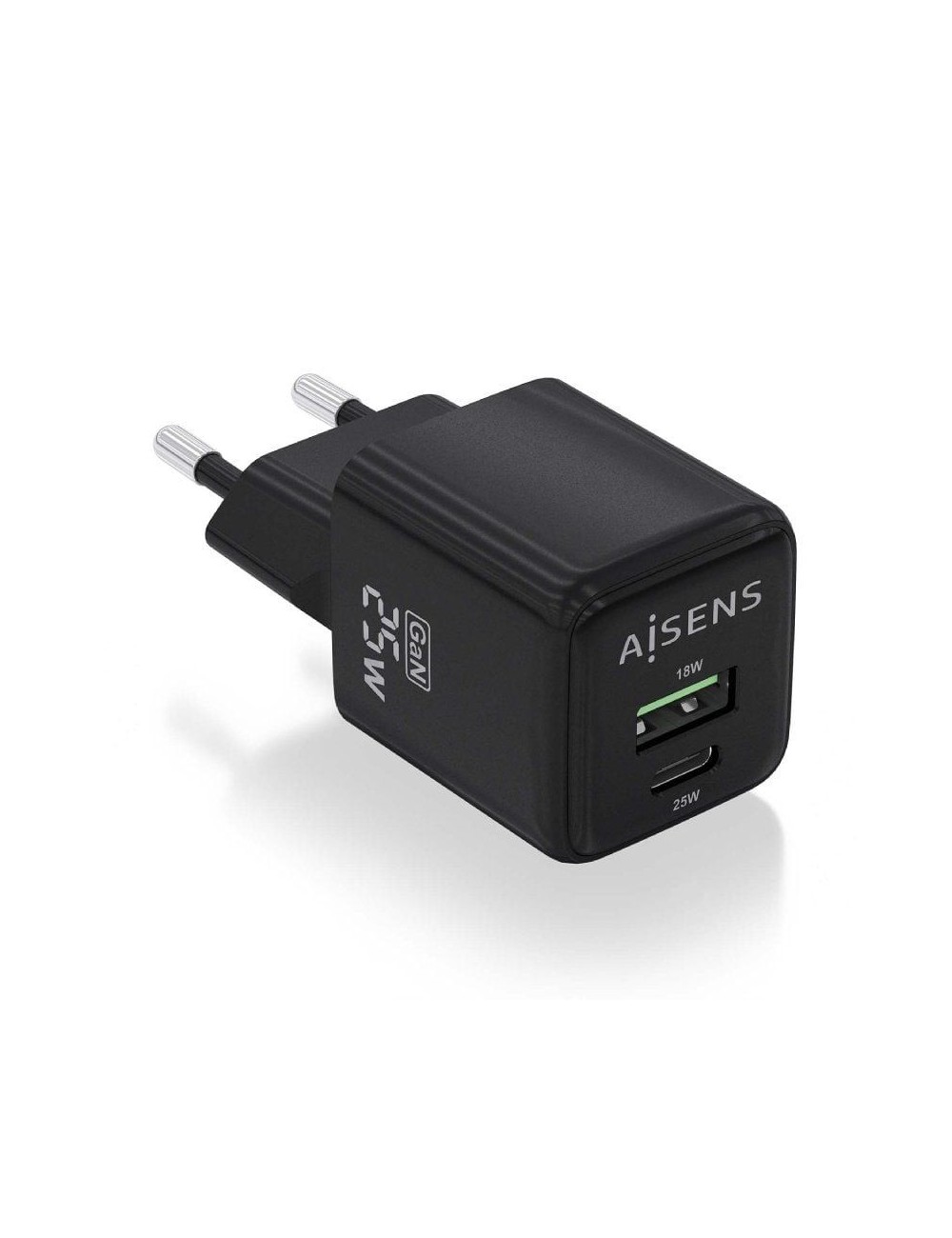 Cargador de Pared GaN Aisens ASCH-25W2P015-BK/ 1xUSB Tipo-C/ 1xUSB/ 25W