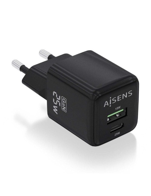 Cargador de Pared GaN Aisens ASCH-25W2P015-BK/ 1xUSB Tipo-C/ 1xUSB/ 25W
