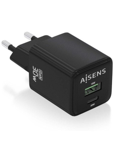 Cargador de Pared GaN Aisens ASCH-30W2P038-BK/ 1xUSB Tipo-C/ 1xUSB/ 30W