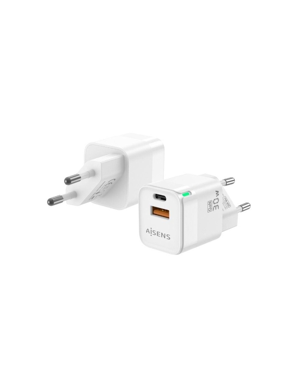 Cargador de Pared GaN Aisens ASCH-30W2P004-W/ 1xUSB Tipo-C/ 1xUSB/ 30W