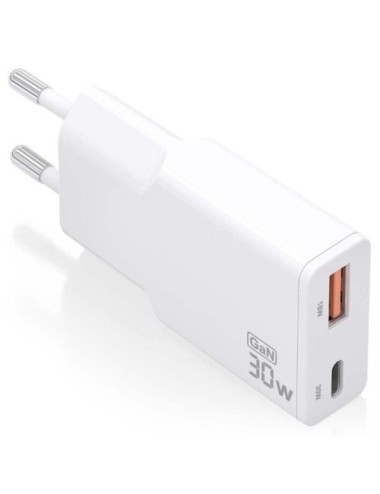 Cargador de Pared GaN Aisens ASCH-30W2P046-W/ 1xUSB Tipo-C/ 1xUSB/ 30W/ Blanco