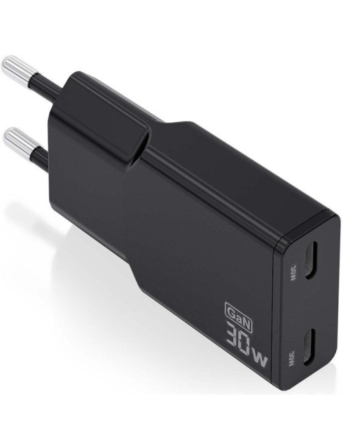 Cargador de Pared GaN Aisens ASCH-30W2P049-BK/ 2xUSB Tipo-C/ 30W/ Negro