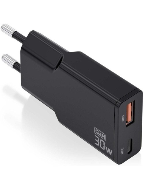 Cargador de Pared GaN Aisens ASCH-30W2P047-BK/ 1xUSB Tipo-C/ 1xUSB/ 30W/ Negro