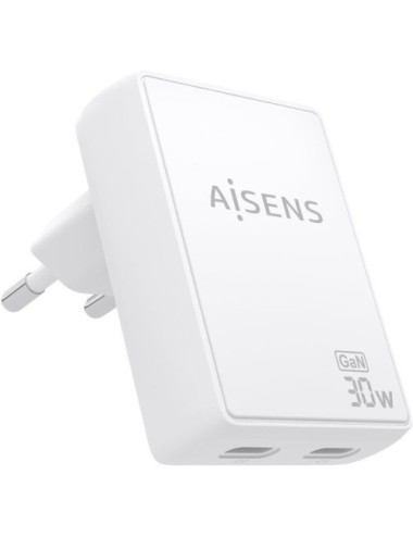 Cargador de Pared GaN Aisens ASCH-30W2P075-W/ 2xUSB Tipo-C/ 30W/ Blanco