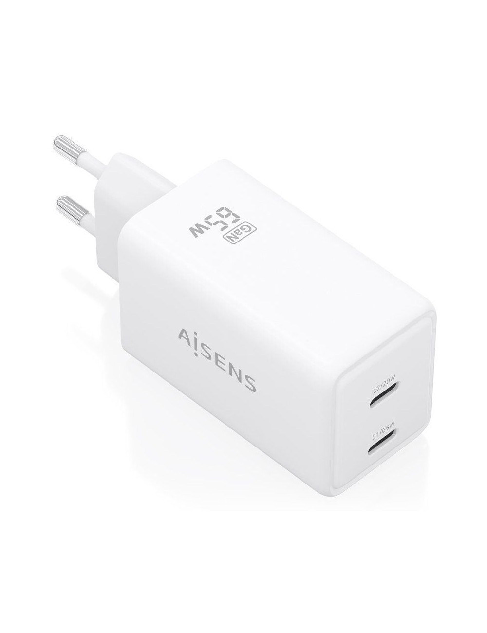 Cargador de Pared GaN Aisens ASCH-65W2P078-W/ 2xUSB Tipo-C/ 65W/ Blanco
