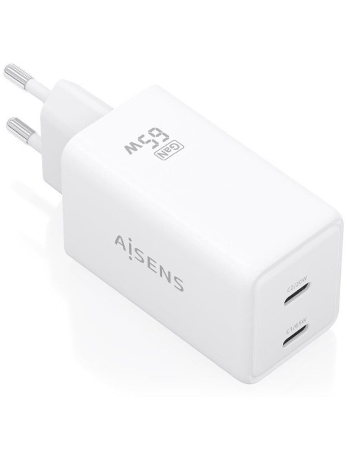 Cargador de Pared GaN Aisens ASCH-65W2P078-W/ 2xUSB Tipo-C/ 65W/ Blanco