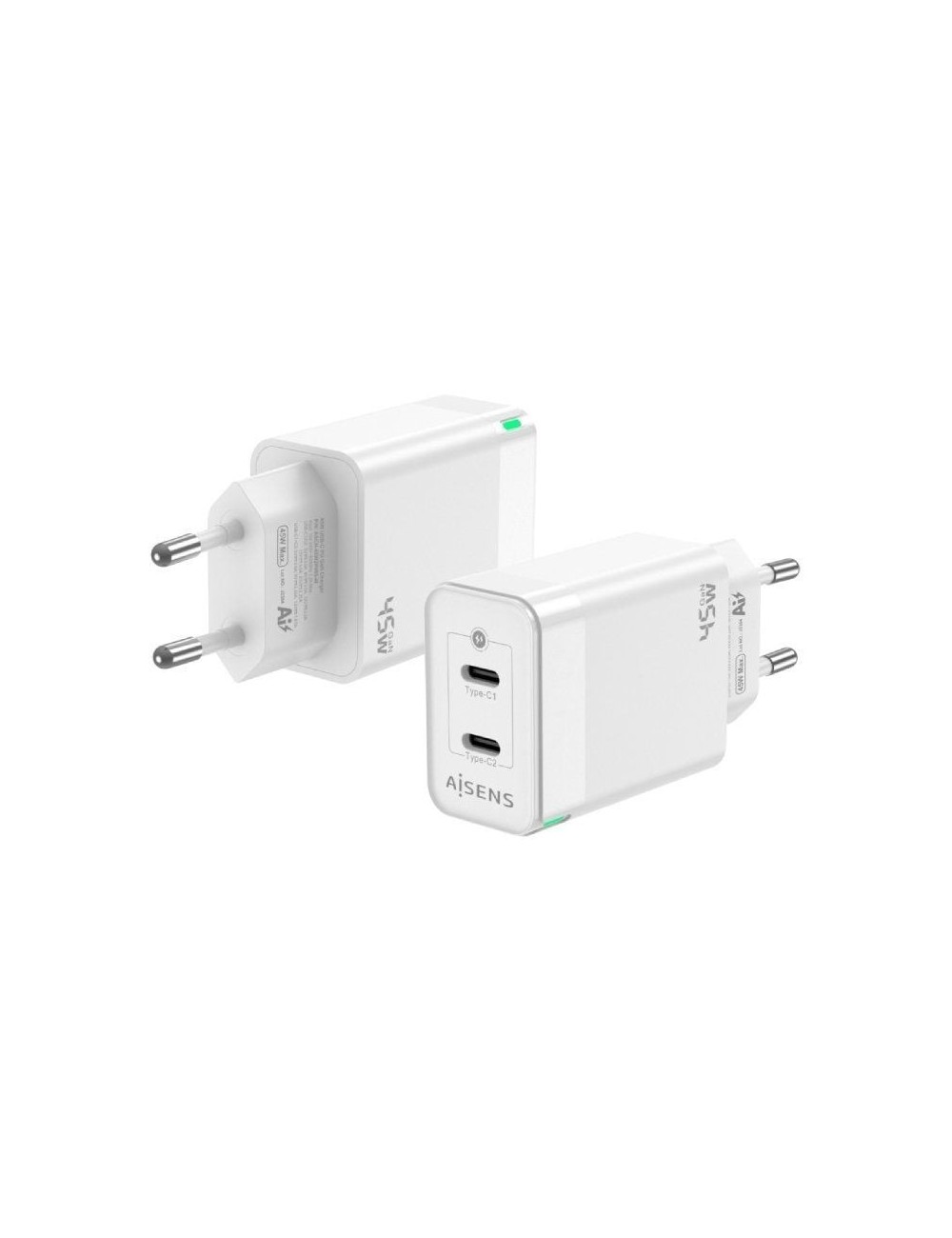 Cargador de Pared GaN Aisens ASCH-45W2P005-W/ 2xUSB Tipo-C/ 45W