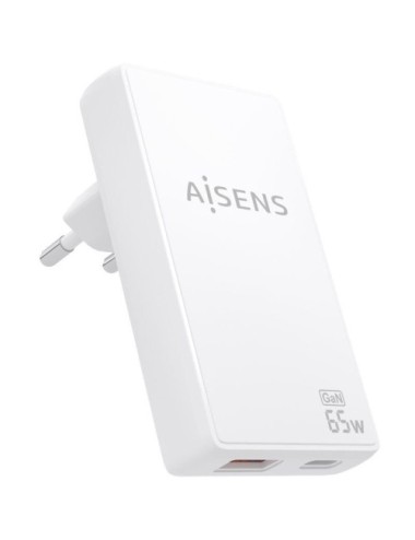 Cargador de Pared GaN Aisens ASCH-65W2P076-W/ 1xUSB Tipo-C/ 1xUSB/ 65W/ Blanco