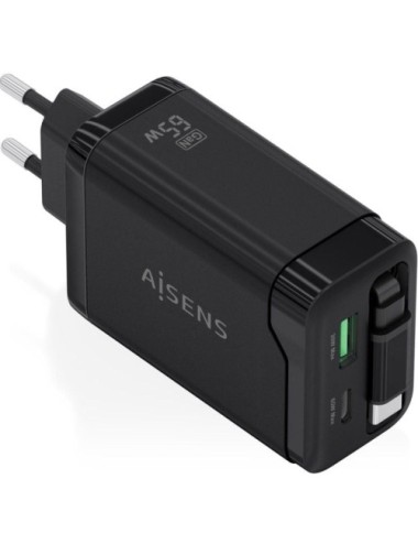 Cargador de Pared GaN Aisens ASCH-65W3P071-BK/ 1xUSB Tipo-C/ 1xUSB/ 65W/ Negro