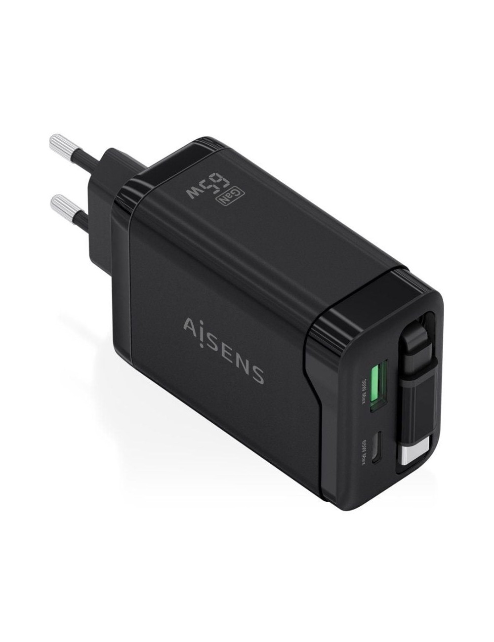 Cargador de Pared GaN Aisens ASCH-65W3P071-BK/ 1xUSB Tipo-C/ 1xUSB/ 65W/ Negro