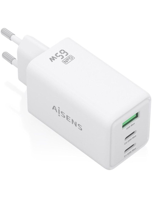 Cargador de Pared GaN Aisens ASCH-65W3P072-W/ 2xUSB Tipo-C/ 1xUSB/ 65W/ Blanco