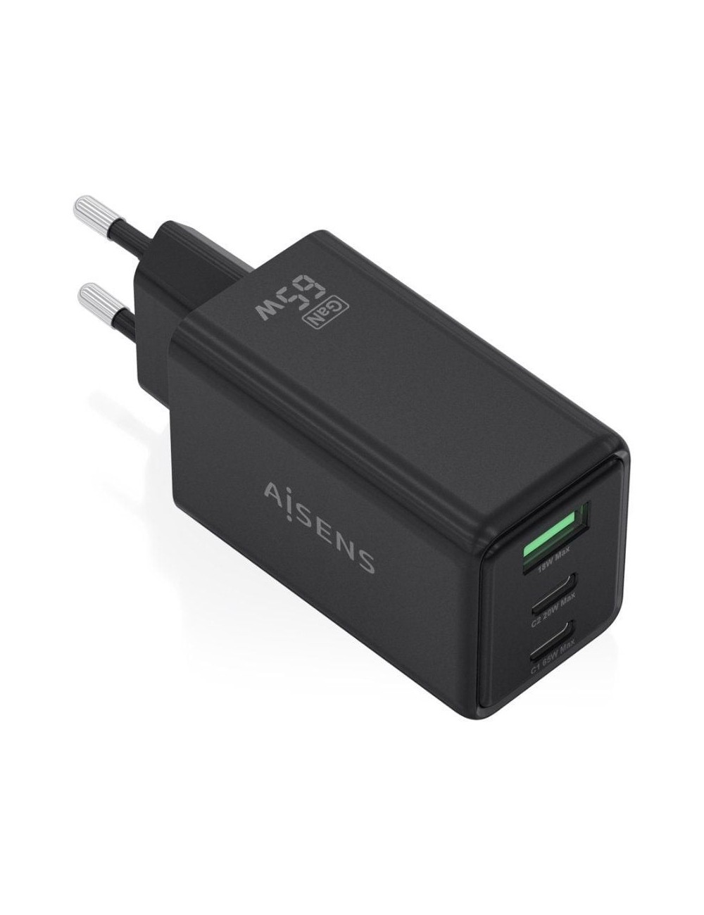Cargador de Pared GaN Aisens ASCH-65W3P073-BK/ 2xUSB Tipo-C/ 1xUSB/ 65W/ Negro
