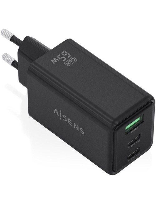 Cargador de Pared GaN Aisens ASCH-65W3P073-BK/ 2xUSB Tipo-C/ 1xUSB/ 65W/ Negro