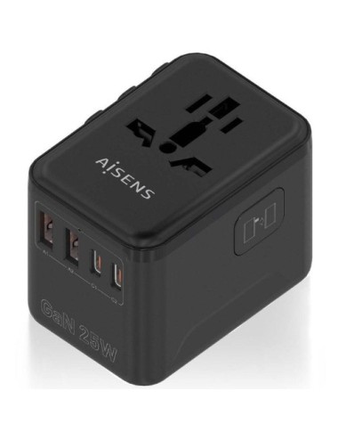 Cargador de Pared Universal GaN para Viaje Aisens ASPS-2A2C08-BK/ Toma de Corriente Universal/ 2xUSB Tipo-C/ 2xUSB/ 25W
