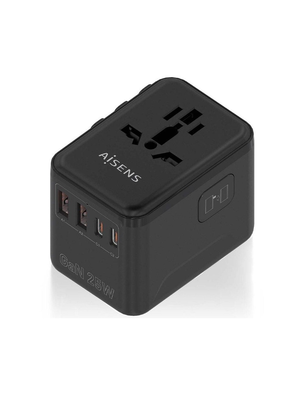 Cargador de Pared Universal GaN para Viaje Aisens ASPS-2A2C08-BK/ Toma de Corriente Universal/ 2xUSB Tipo-C/ 2xUSB/ 25W