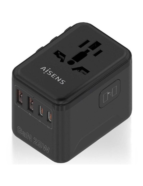 Cargador de Pared Universal GaN para Viaje Aisens ASPS-2A2C08-BK/ Toma de Corriente Universal/ 2xUSB Tipo-C/ 2xUSB/ 25W