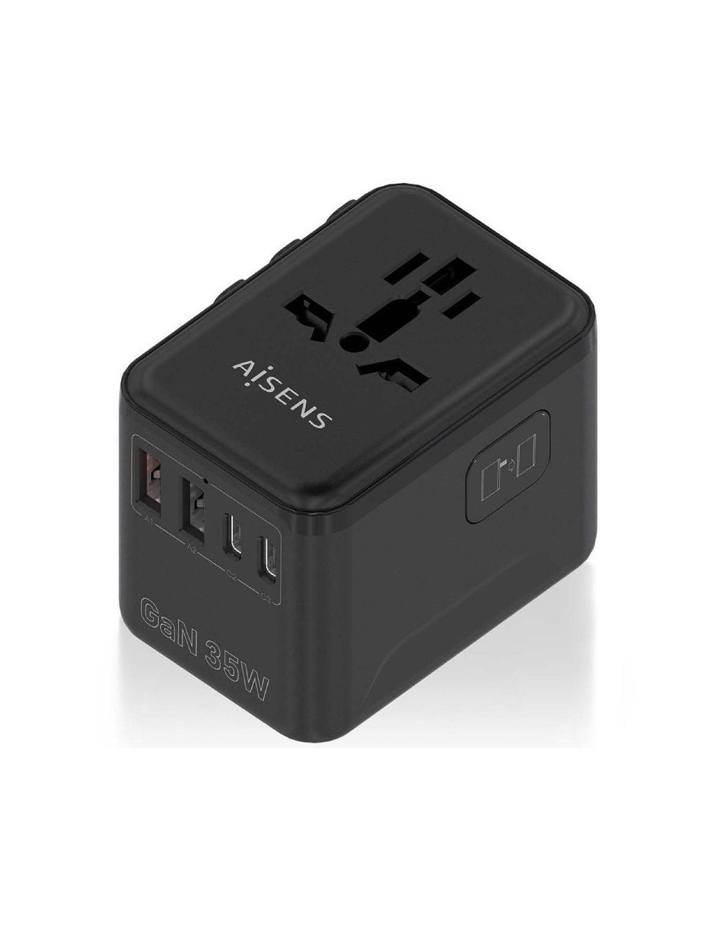 Cargador de Pared Universal GaN para Viaje Aisens ASPS-2A3C09-BK/ Toma de Corriente Universal/ 3xUSB Tipo-C/ 2xUSB/ 35W