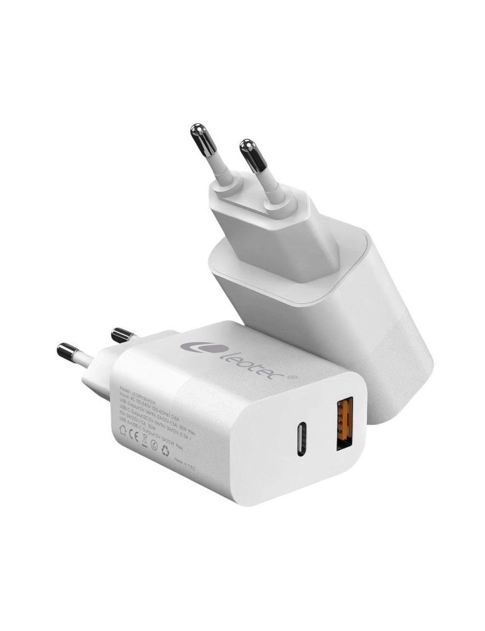 Cargador de Pared Leotec LECSPH20W2W2/ 1xUSB Tipo-C/ 1xUSB/ 20W