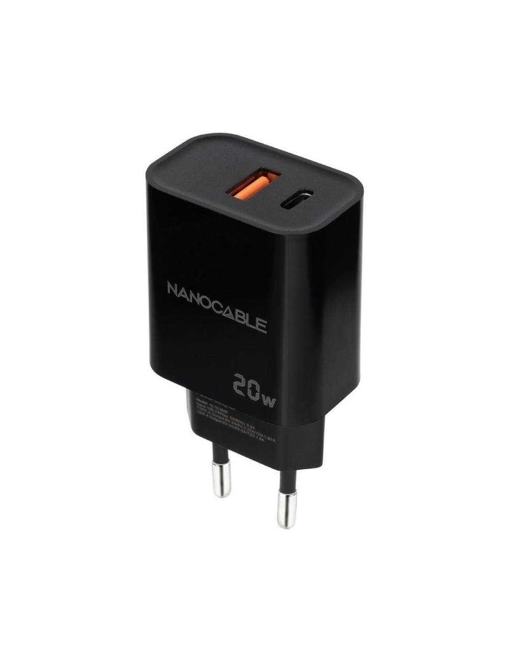 Cargador de Pared Nanocable 10.10.2008/ 1xUSB/ 1xUSB Tipo-C/ 20W/ Negro