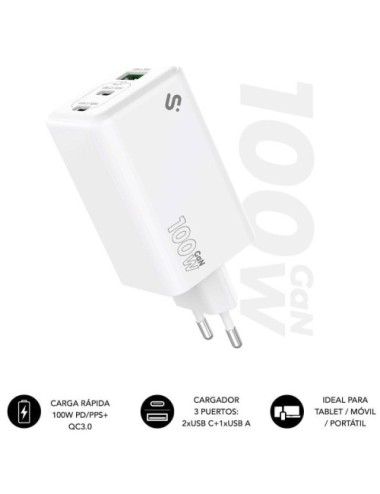 Cargador de Pared GaN Subblim 100W Charger USB C+C+A/ 2xUSB Tipo-C/ 1xUSB/ 100W