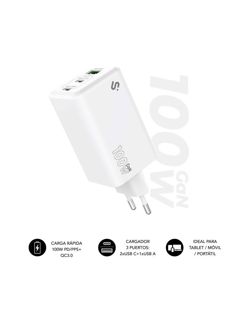 Cargador de Pared GaN Subblim 100W Charger USB C+C+A/ 2xUSB Tipo-C/ 1xUSB/ 100W