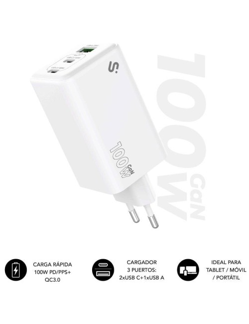 Cargador de Pared GaN Subblim 100W Charger USB C+C+A/ 2xUSB Tipo-C/ 1xUSB/ 100W