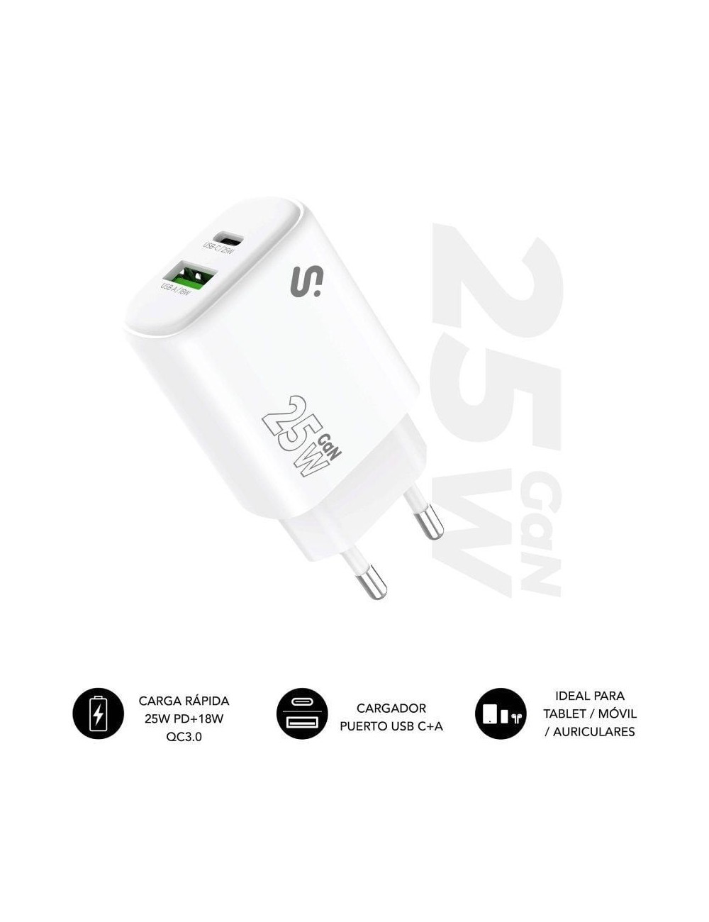 Cargador de Pared GaN Subblim 25W Charger USB C+A/ 1xUSB Tipo-C/ 1xUSB/ 25W
