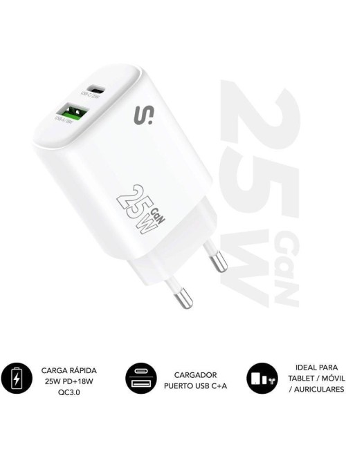 Cargador de Pared GaN Subblim 25W Charger USB C+A/ 1xUSB Tipo-C/ 1xUSB/ 25W