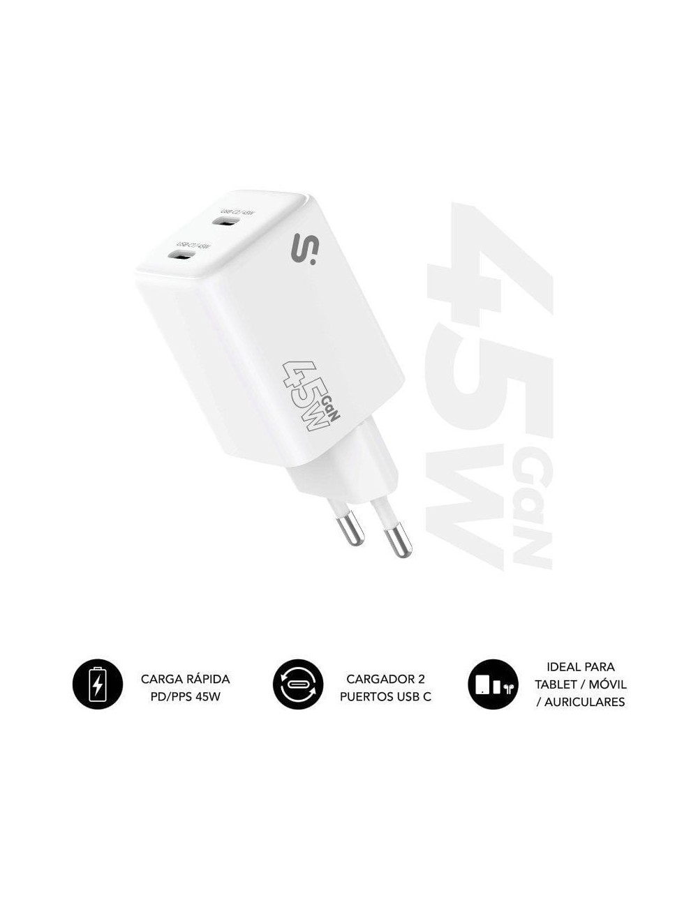 Cargador de Pared GaN Subblim 45W Charger USB C+C/ 2xUSB Tipo-C/ 45W