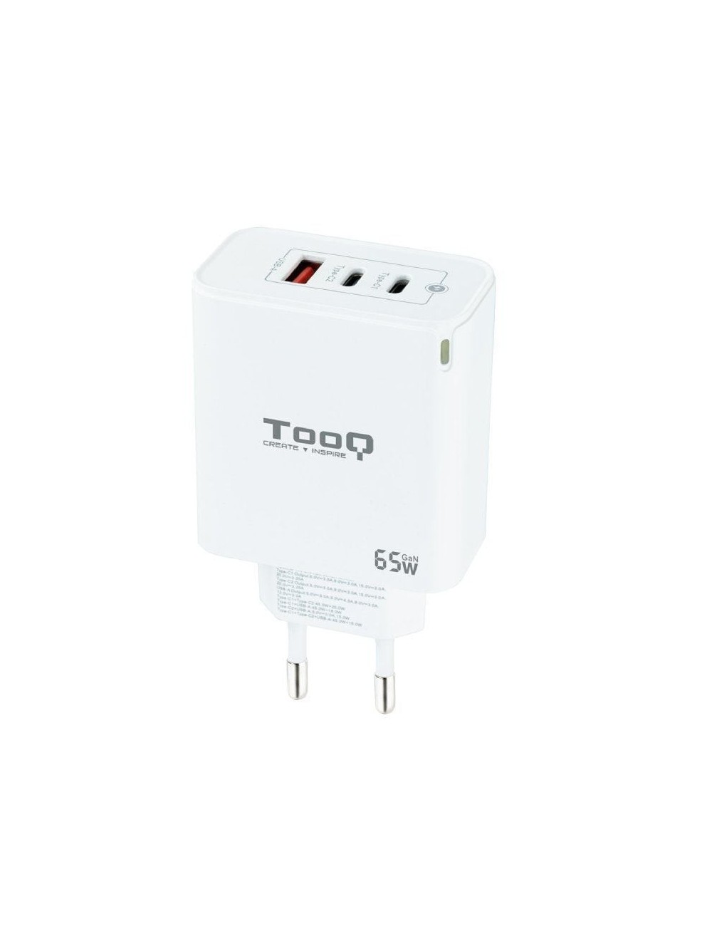 Cargador de Pared GaN TooQ TQWC-GANQC2PD65WT/ 2xUSB Tipo-C/ 1xUSB/ 65W