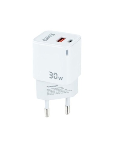 Cargador de Pared GaN TooQ TQWC-GANQCPD30WT/ 1xUSB Tipo-C/ 1xUSB/ 30W