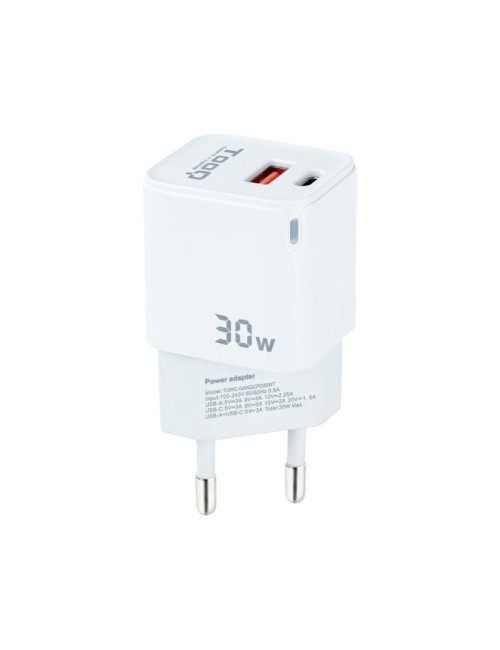 Cargador de Pared GaN TooQ TQWC-GANQCPD30WT/ 1xUSB Tipo-C/ 1xUSB/ 30W