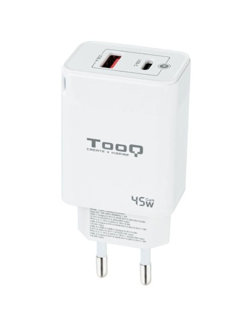 Cargador de Pared GaN TooQ TQWC-GANQCPD45WT/ 1xUSB Tipo-C/ 1xUSB/ 45W