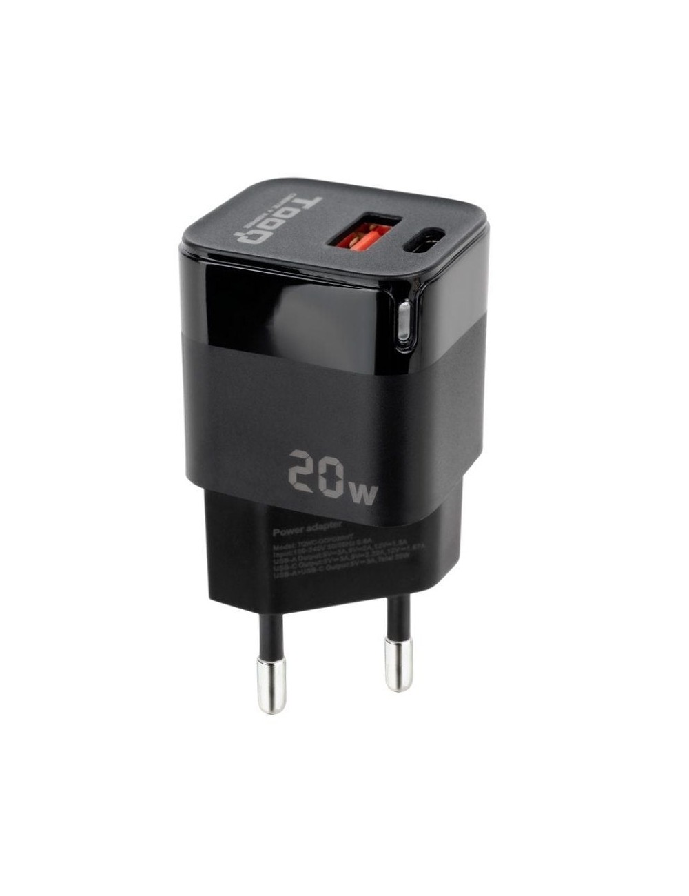 Cargador de Pared TooQ TQWC-QCPD20/ 1xUSB Tipo-C/ 1xUSB/ 20W