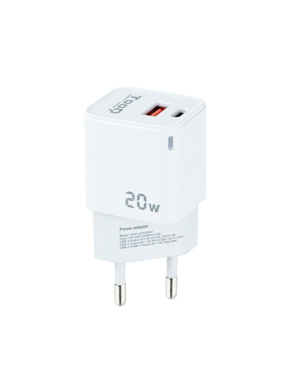 Cargador de Pared TooQ TQWC-QCPD20WT/ 1xUSB-Tipo C/ 1x USB/ 20W/ Blanco