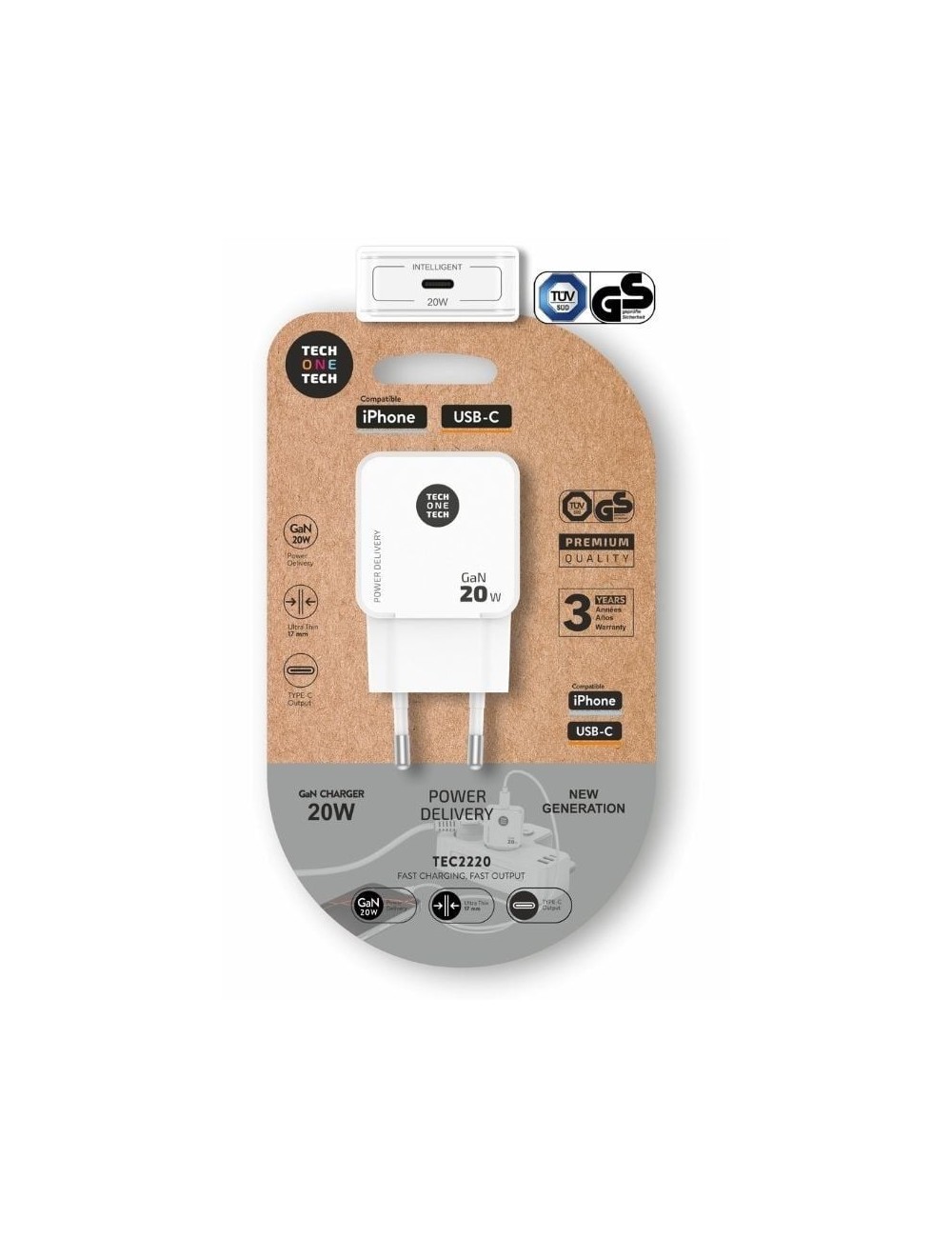Cargador de Pared GaN Tech One Tech GaN TEC2220/ 1xUSB Tipo-C/ 20W/ Blanco