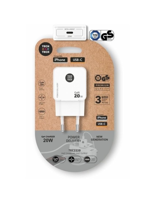 Cargador de Pared GaN Tech One Tech GaN TEC2220/ 1xUSB Tipo-C/ 20W/ Blanco