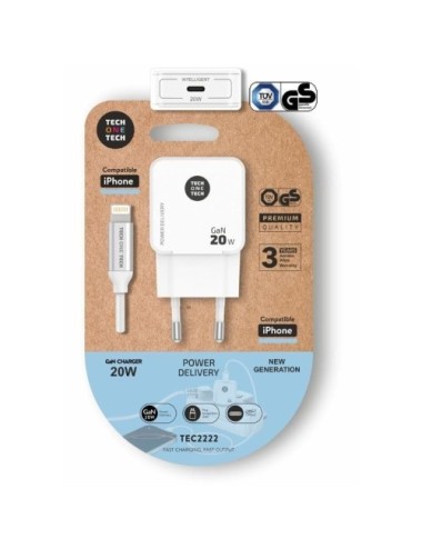 Cargador de Pared Tech One Tech TEC2222/ 1xUSB Tipo-C + Cable Lightning/ 20W/ Blanco
