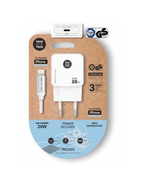 Cargador de Pared Tech One Tech TEC2222/ 1xUSB Tipo-C + Cable Lightning/ 20W/ Blanco