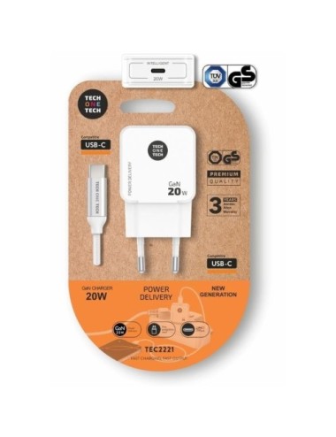 Cargador de Pared Tech One Tech TEC2221/ 1xUSB Tipo-C + Cable USB Tipo-C/ 20W/ Blanco